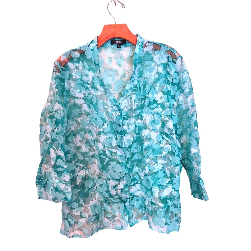 Elementz Teal Floral Burnout Blouse XL 3/4 Sleeve Button Front Sheer Top